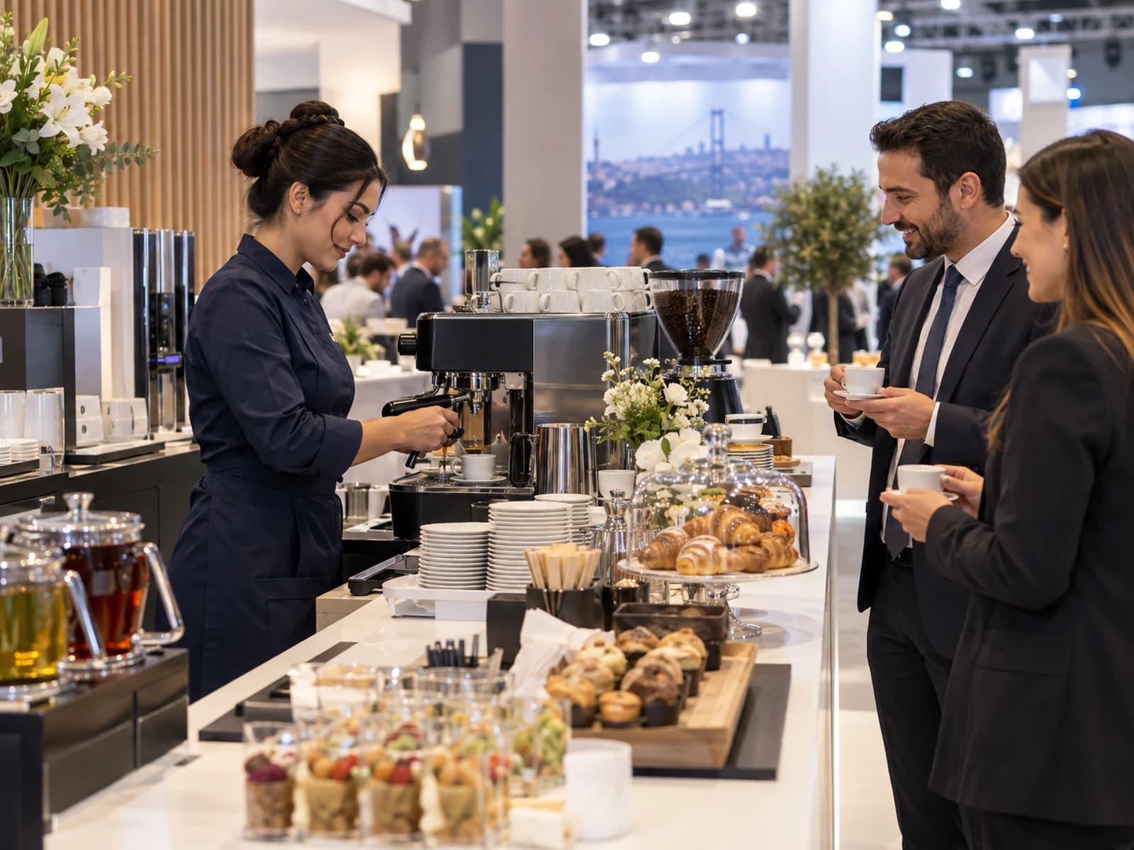 Modern fuar standında espresso makinesiyle kahve hazırlayan görevli ve ikram alanındaki iş ziyaretçileri