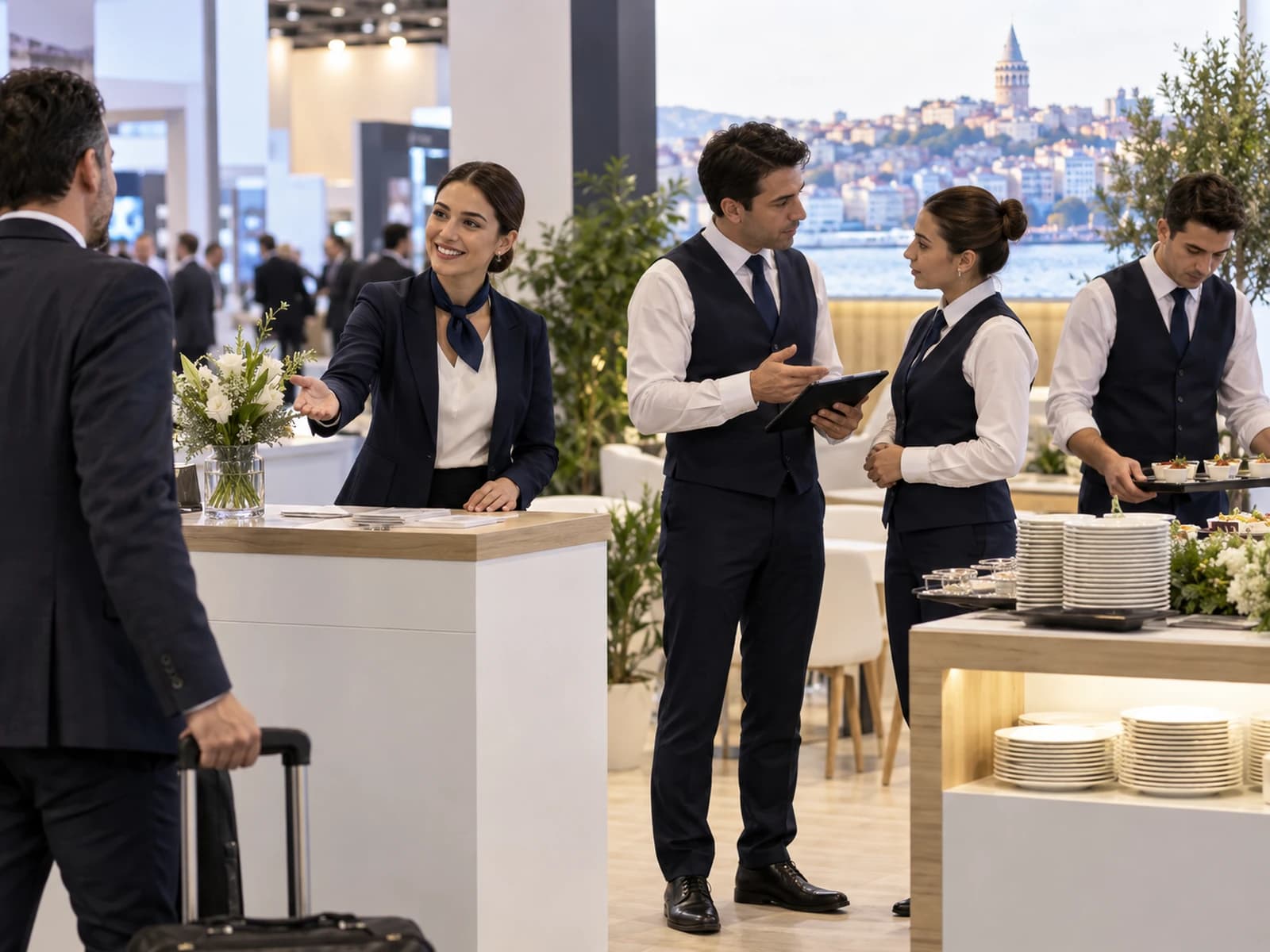 Fuar standında ziyaretçiyi karşılayan hostes ile servis hazırlığı ve ekip brifingi yapan profesyonel catering ekibi