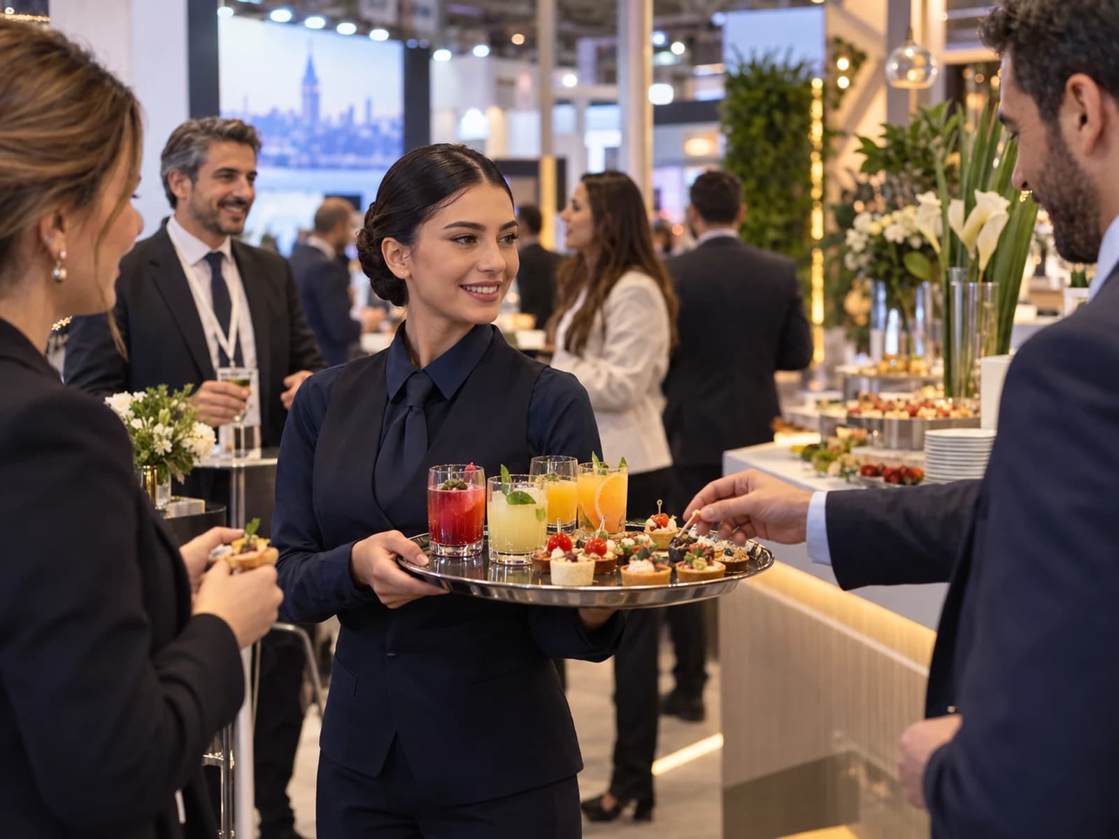 Fuar standındaki kurumsal davette alkolsüz içecek ve kanepeler taşıyan üniformalı servis görevlisi