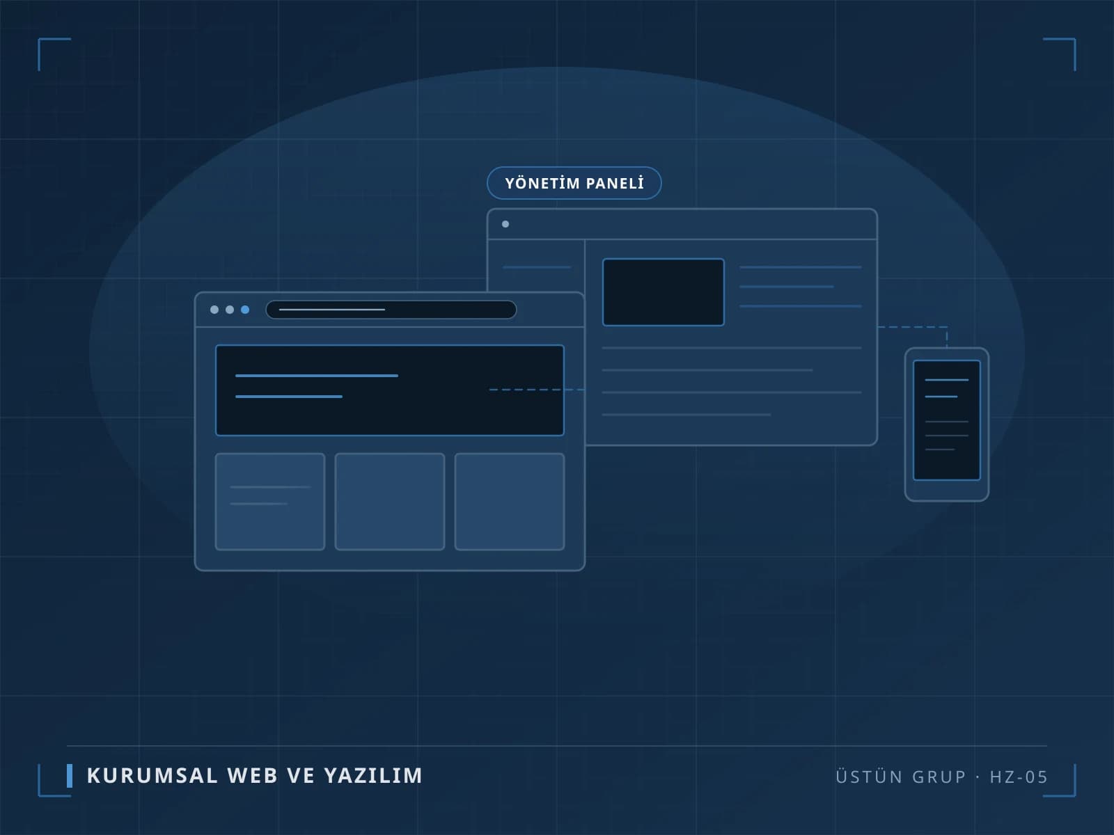 Tarayıcı penceresi, yönetim paneli ve mobil cihazla kurumsal web yazılımı şeması