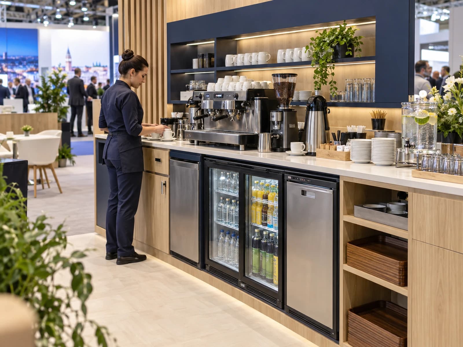 Fuar standına entegre espresso makinesi, soğutucular, su istasyonu ve servis ekipmanları bulunan catering tezgâhı